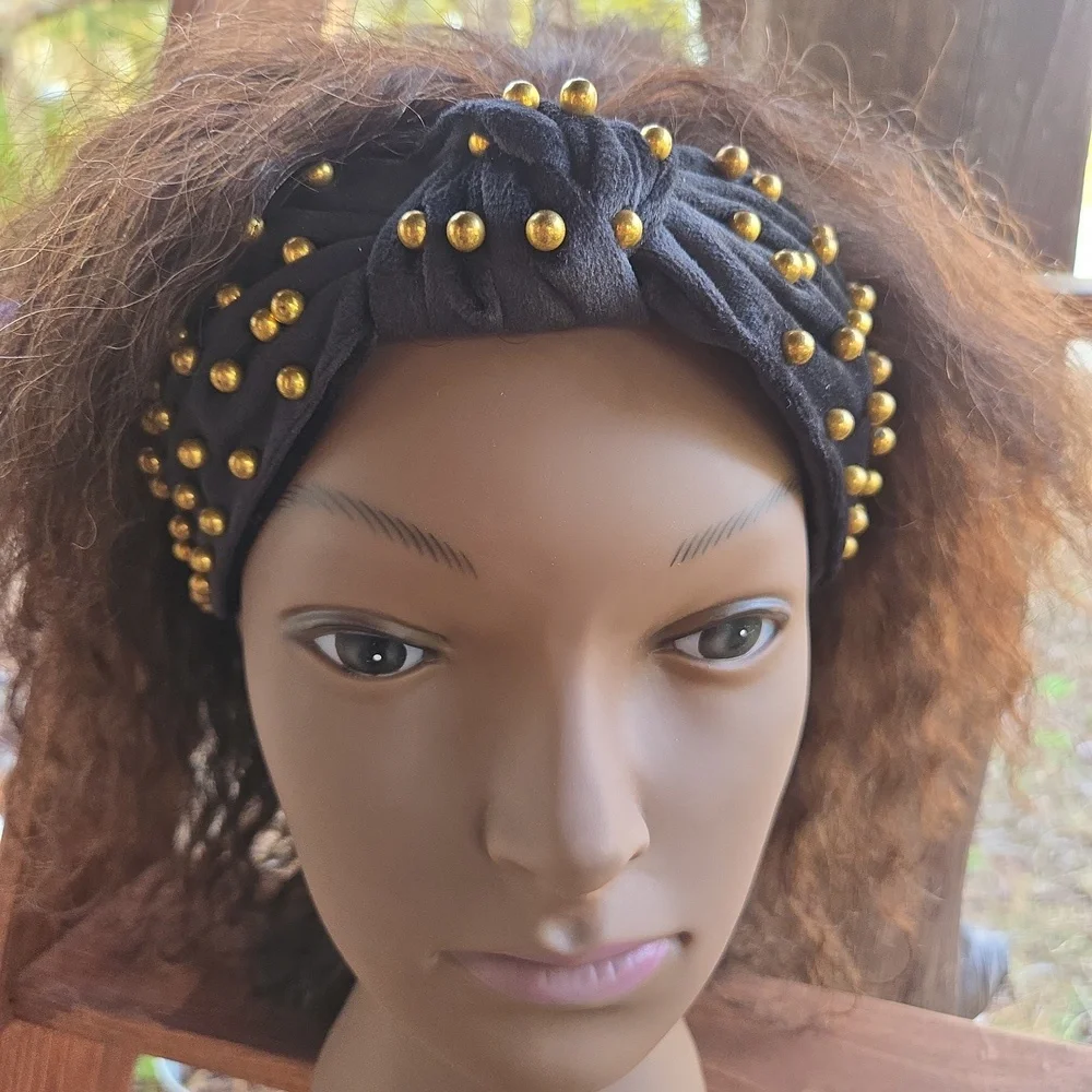 Black top knot wide chunky headband dotted with gold studs Y2K
